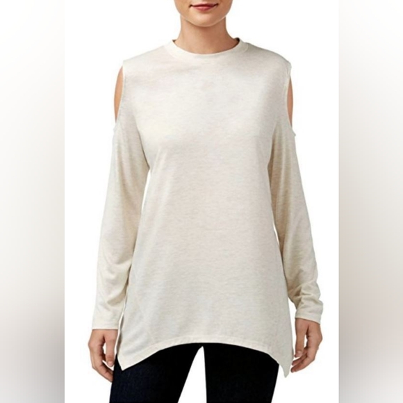 Style & Co. Tops - Style & Co Beige Speckled Shimmer Cold Shoulder Long Sleeve Top Size Medium